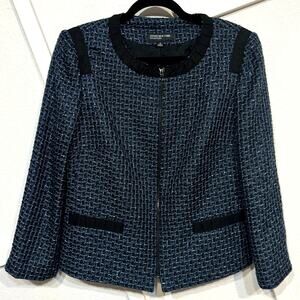 Full Zip Tweed Cropped Blazer Ribbon Trim Navy Blue & Black Office Siren Sz: 12